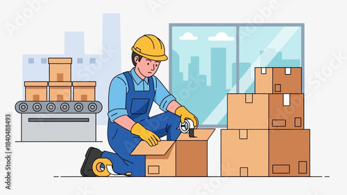 warehouse worker sealing cartons with packaging tape in industrial setting