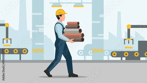 Construction worker carrying rolled materials in an industrial manufacturing