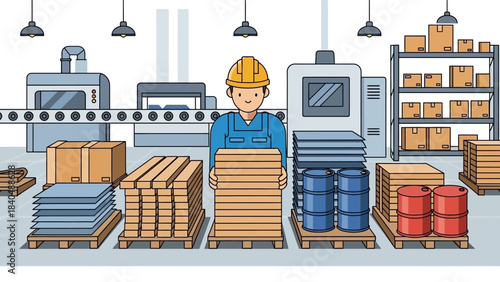 Efficient warehouse worker organizing cardboard boxes in industrial setting