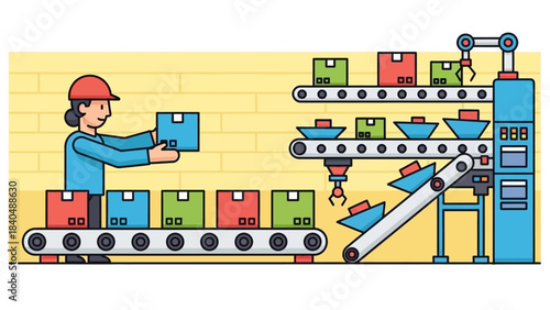 illustration of a person assembling colorful boxes on a conveyor belt in a