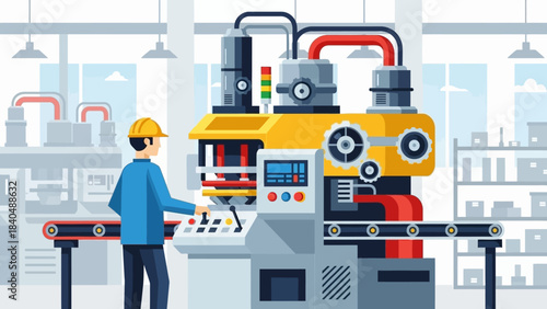industrial manufacturing process with automated machinery and worker oversight
