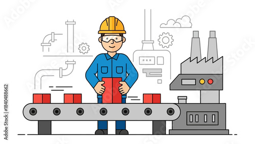 Industrial manufacturing process with conveyor belt and worker managing