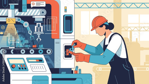 female engineer inspecting industrial machinery in a modern factory setting