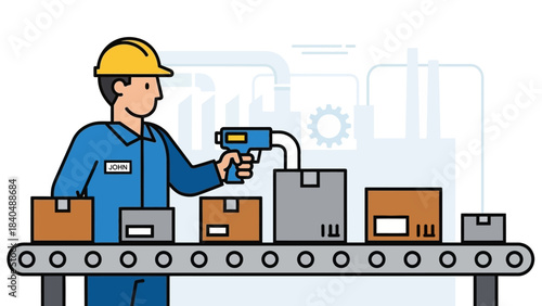 Industrial worker assembling packages with conveyor line and safety gear in