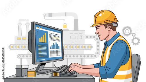 industrial engineer analyzing production data on a desktop computer in a