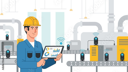 industrial worker monitoring data analytics on digital tablet in automated