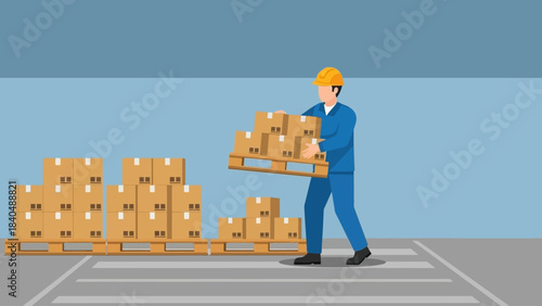 warehouse worker in safety gear organizing and stacking cardboard boxes in
