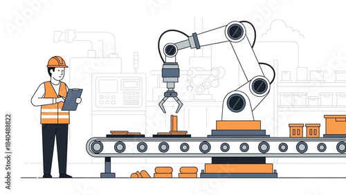 industrial robotic arm assembly process with human engineer controlling