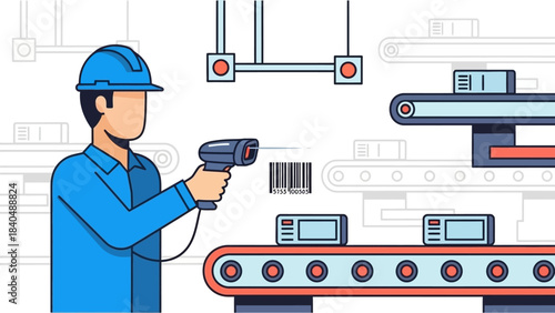 Factory worker inspecting product quality with handheld scanner in modern