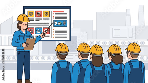 industrial safety training session with workers in a manufacturing plant setting