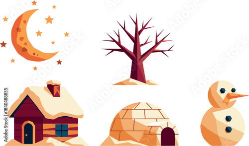 Cozy winter scene with snowman igloo and cabin under a crescent moon. Low Poly style
