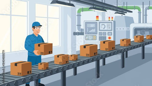 automated packaging process in modern factory with conveyor belt and robotic