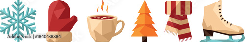 Winter holiday icons featuring snowflake mitten hot drink christmas tree scarf and ice skate. Low Poly style