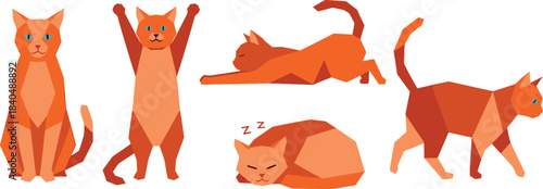 Collection of five cartoon ginger cats in various playful poses. Low Poly style