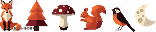 Low Poly Cute woodland creatures and forest elements on white background
