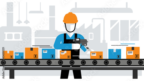 industrial worker operating barcode scanner on assembly line in factory setting