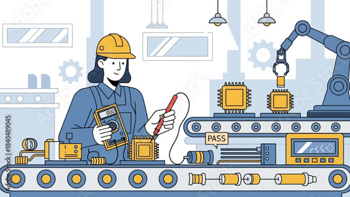 female engineer monitoring electronic components on high-tech assembly line in
