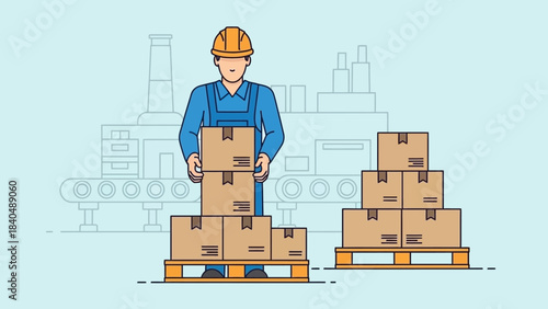 warehouse worker in safety helmet managing cardboard boxes on pallet in