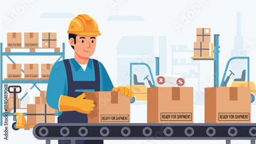 warehouse worker inspecting cartons on conveyor belt during packaging process