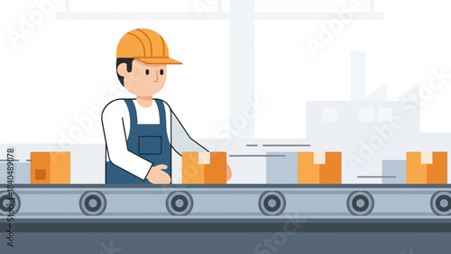 worker inspecting and organizing packages on a conveyor belt in a modern