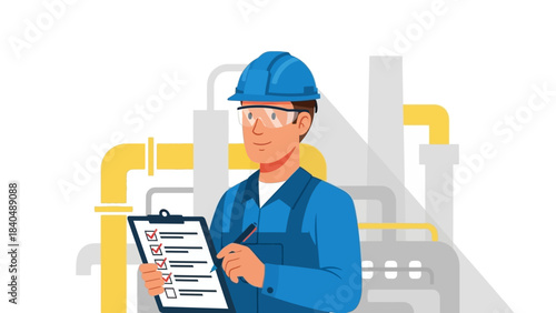 industrial technician reviewing maintenance checklist in factory environment