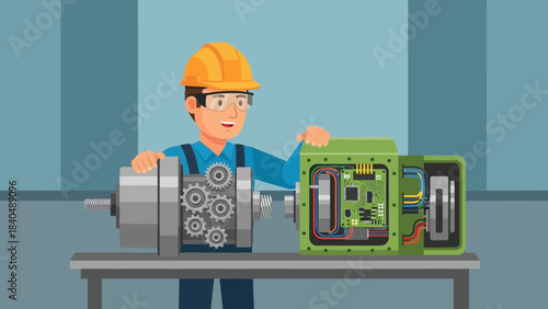 industrial technician assembling and inspecting complex electronic machinery