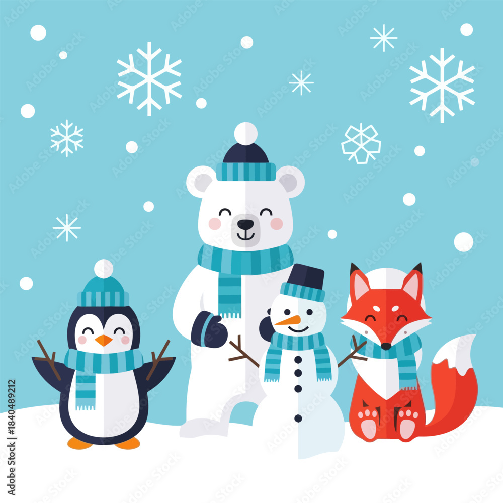 Fototapeta premium Cute flat design illustration of a polar bear, penguin, fox, and snowman celebrating the winter season.