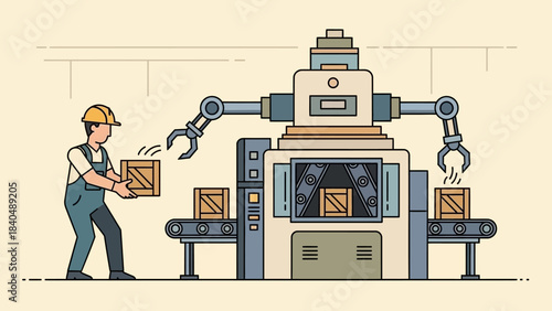illustration of a worker managing factory robotic machinery with conveyor belts