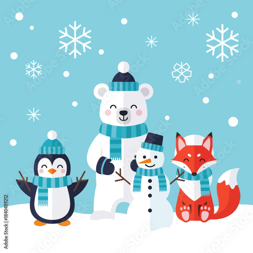 Cute flat design illustration of a polar bear, penguin, fox, and snowman celebrating the winter season.