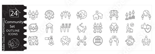 Community and Teamwork Vector Icon Set Featuring People, Partnership, Collaboration, Leadership, Volunteer, and Social Support Symbols, Comprehensive Human and Organization Icon. Editable stroke. 