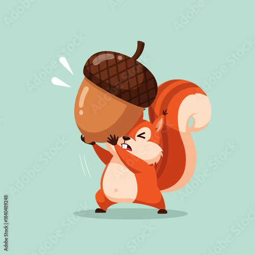 A determined cartoon squirrel struggling to lift a huge, heavy acorn in a vector illustration.