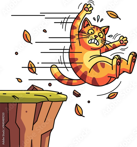Panic-stricken ginger cat falling rapidly from a dangerous cliff edge, vector illustration.