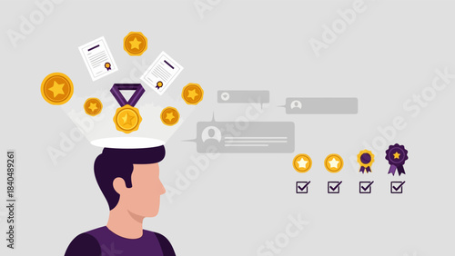 Flat vector concept of professional achievement, certification, employee recognition, and performance evaluation.