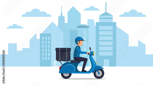 A delivery courier riding a blue scooter with a box against a city skyline background.