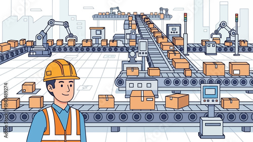 Automated warehouse or distribution center with conveyor belts and robotic