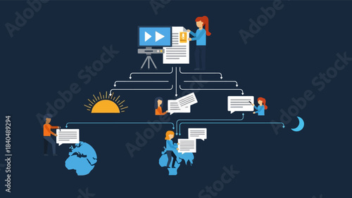 Flat vector illustration showing global content creation and distribution workflow.