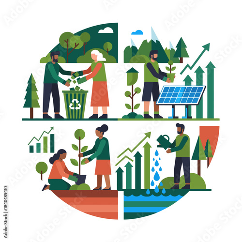 Vector illustration of various sustainable actions including recycling, planting trees, and utilizing solar power for future growth.
