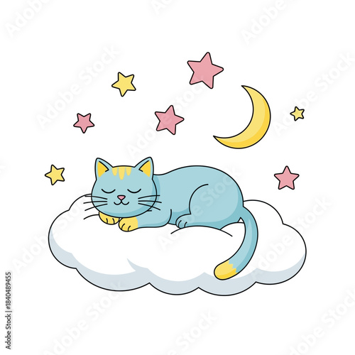 Adorable cartoon kitten sleeping peacefully on a white cloud surrounded by colorful stars and moon.