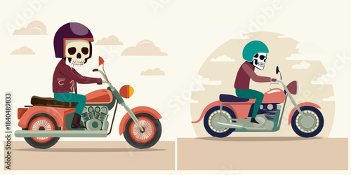Two cartoon skeletons riding motorcycles, one in a red helmet and jacket, the other in a blue helmet and jacket, set against a cloudy sky