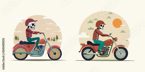Skeleton Riders on Vintage Motorcycles Enjoying Scenic Journeys