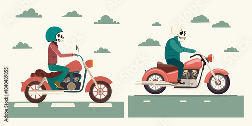 Two Skeletons Riding Motorcycles on a Cloudy Day