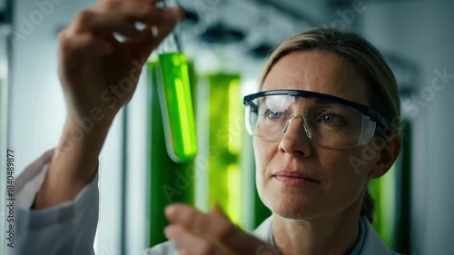Algae biofuel scientist examining a test tube of green microalgae culture, working on sustainable energy and biotechnology in a modern photobioreactor facility