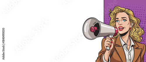 A beautiful blonde girl with a megaphone in pop art style near a banner