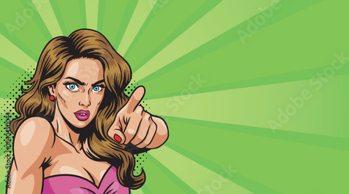 A beautiful girl looks sternly and points at you in pop art style 
