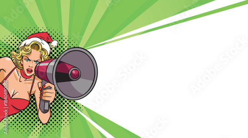 A beautiful blonde Santa girl with a megaphone in pop art style 