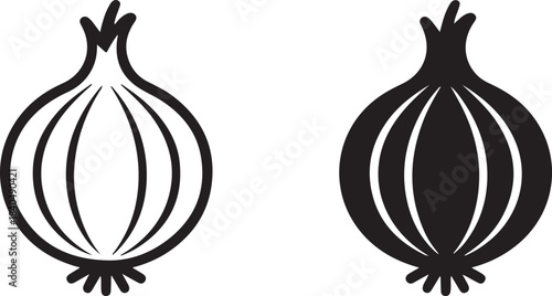 Outline and silhouette icons of a single onion with visible layers and roots on white