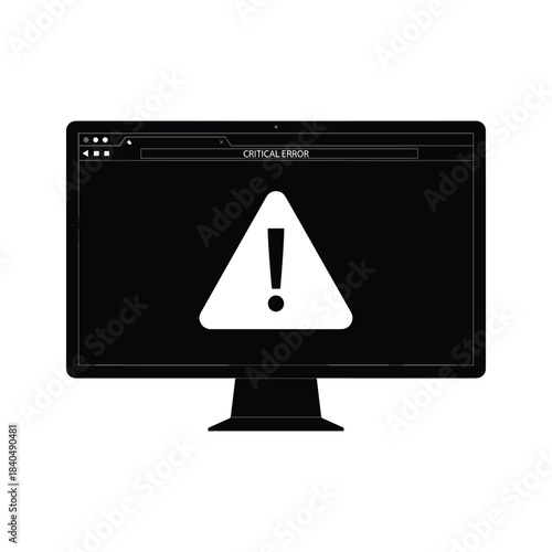 Black computer monitor with critical error message and warning symbol