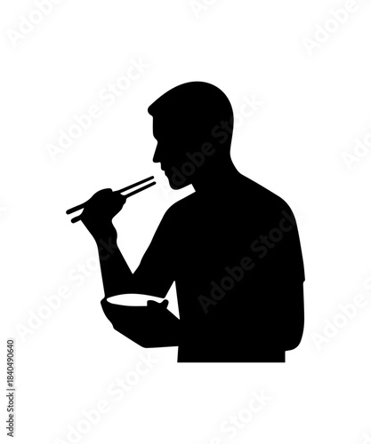 Man silhouette eating with chopsticks, simple cut out icon.