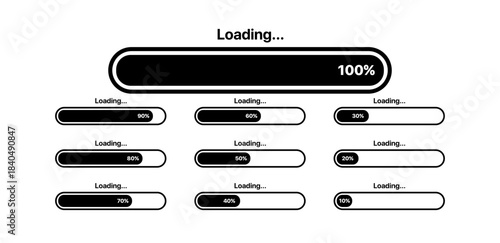 Loading progress bar UI set with percentage indicators ranging from 10% to 100% – modern interface loading design, vector editable