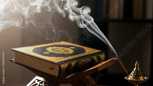 Burning tibetan incense with sacred text and golden stupa